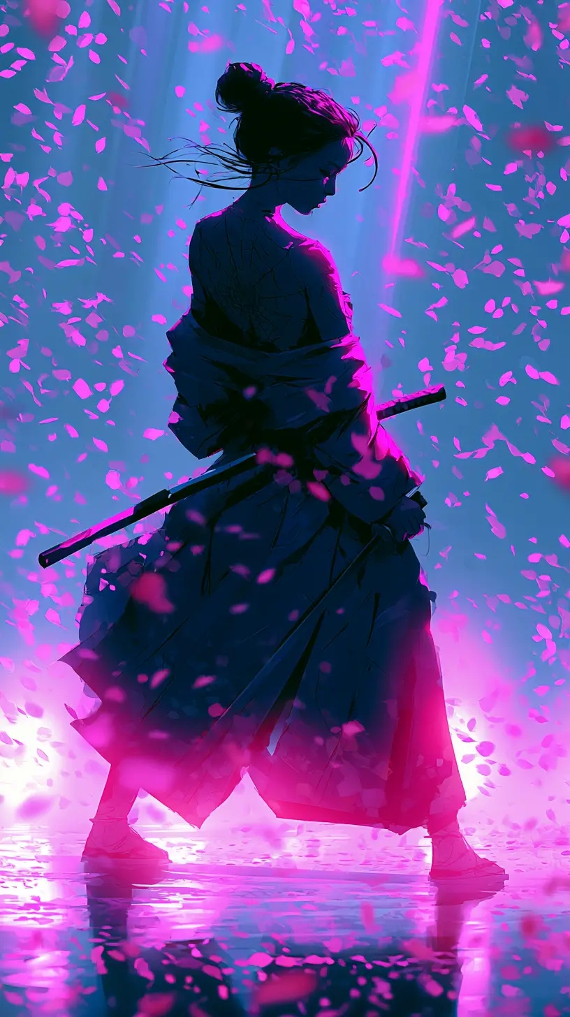 從上方視角俯視握著武士刀的和服女戰士