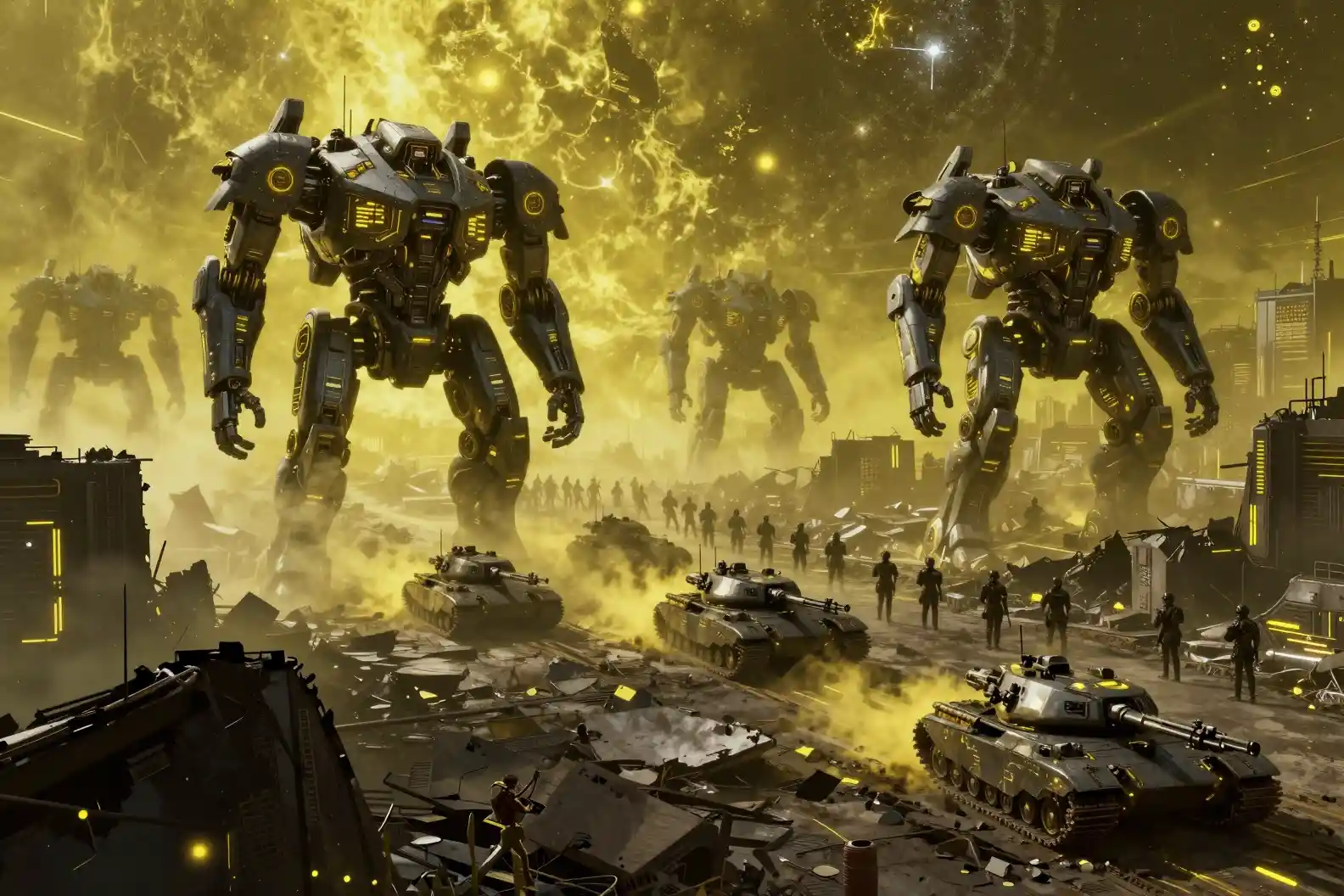 Super soldats futuristes et mechas dans une ville sci-fi en ruine