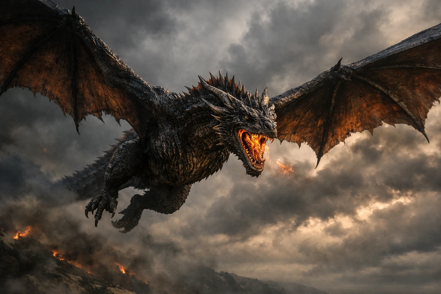 Dragon fendant un ciel orageux dans une scène de dark fantasy