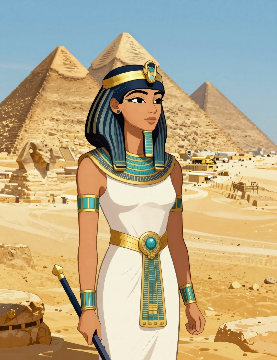 Princesa do antigo Egito diante de pirâmides distantes no deserto
