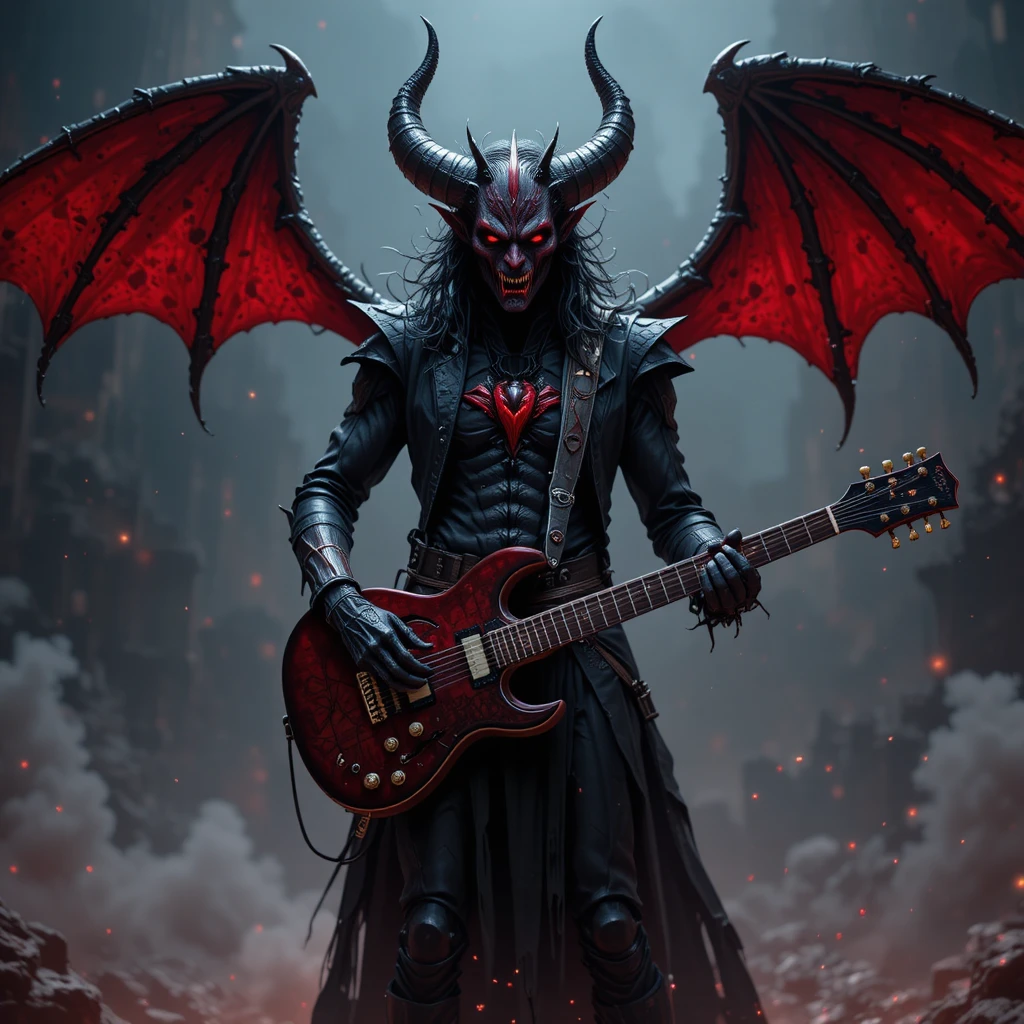 Poderoso demônio masculino da música dominando uma cena de inferno aterrorizante