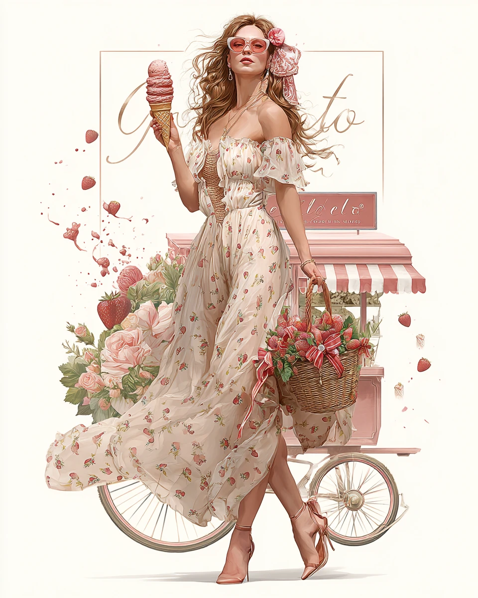 Garota com vestido de morango, gelato e cesta de frutas