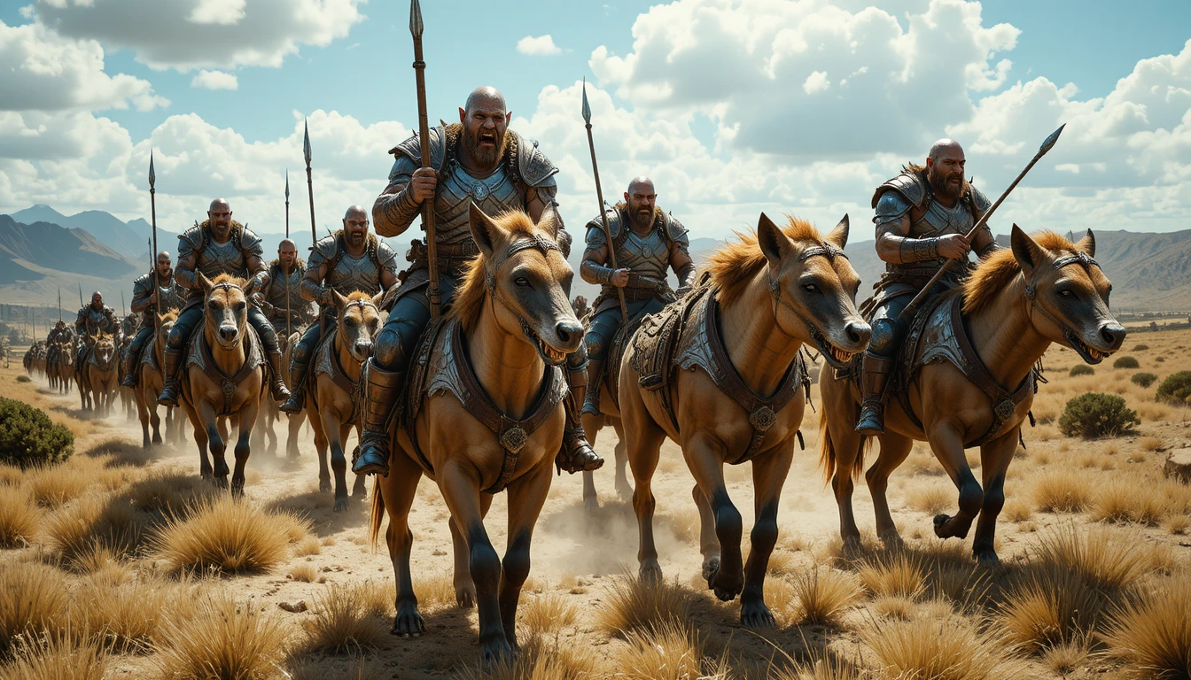 Guerreiros orcs montando bestas-hiena pelas planícies secas