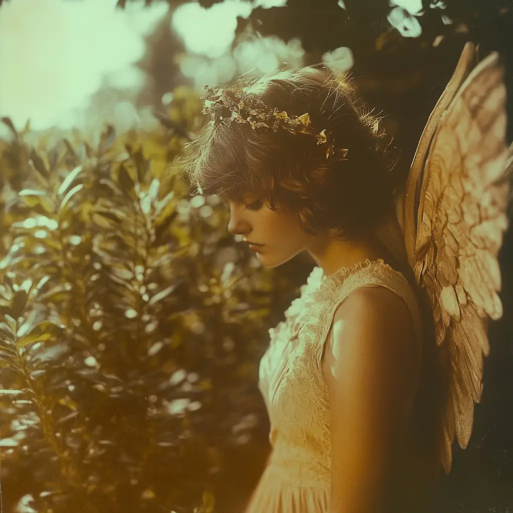 Ange non conventionnel dans de doux tons terreux avec grain de film