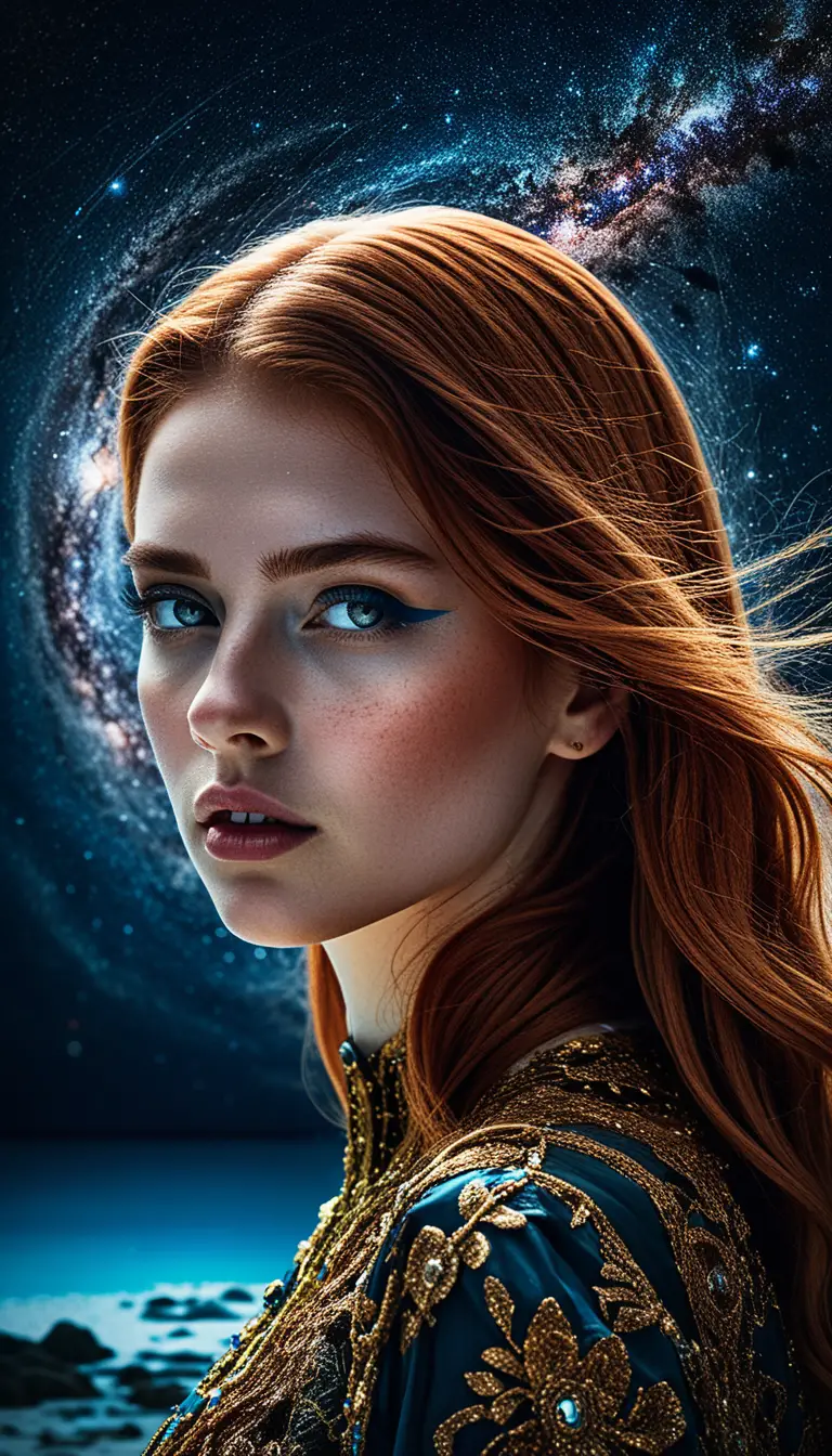 Donna dai capelli rossi in abiti moderni sotto un cielo cosmico