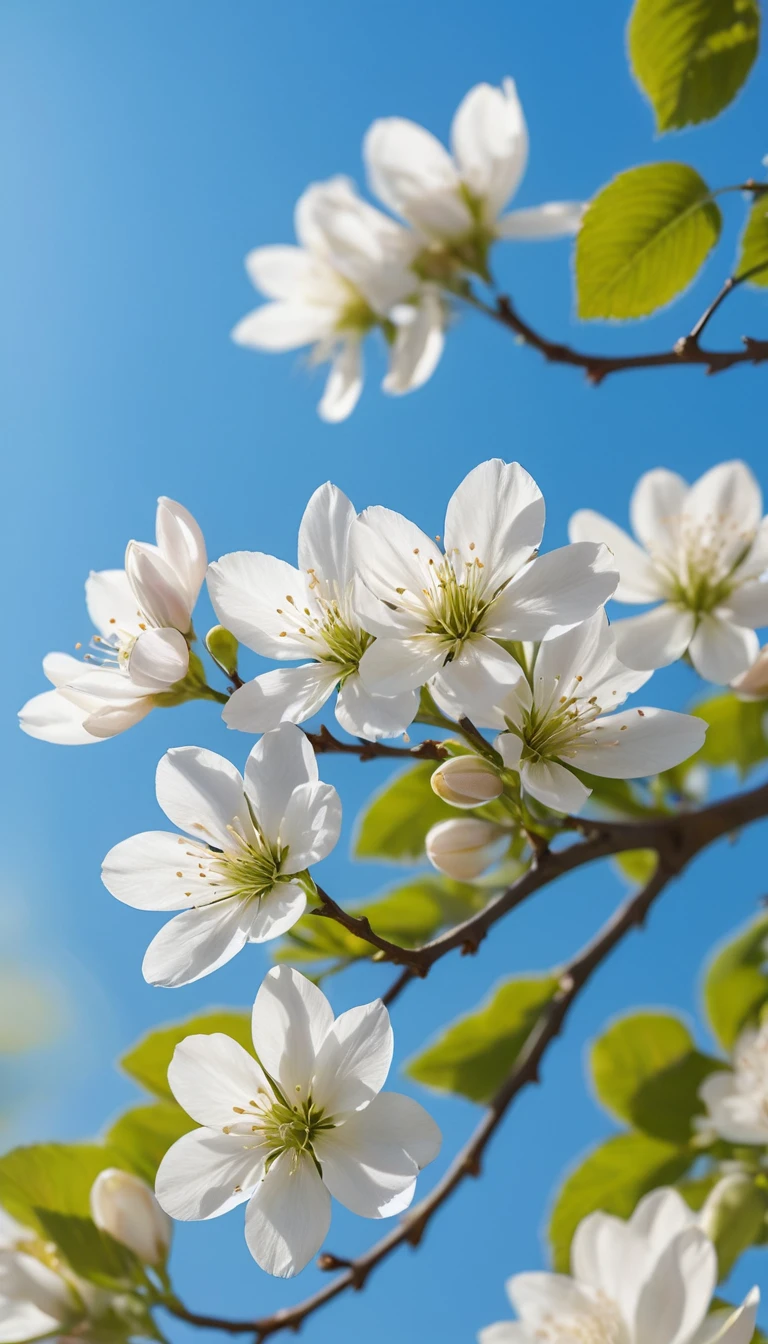 Fleurs bleues et blanches vues d’en bas sous un ciel dégagé