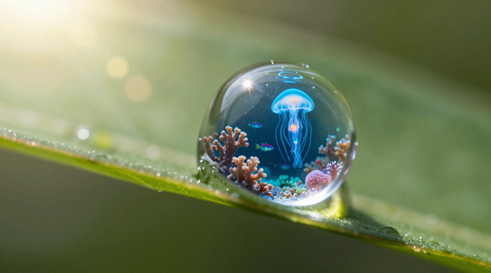 Unique goutte de rosée sur une feuille abritant un minuscule océan lumineux