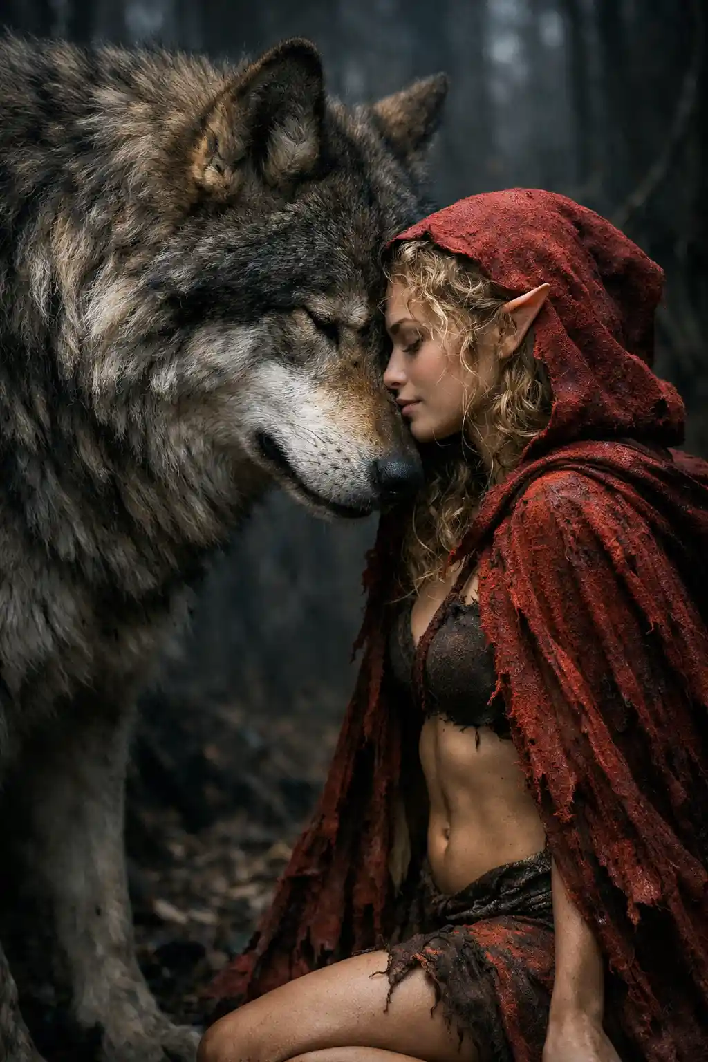 Princesse elfe touchant le front d’un loup géant