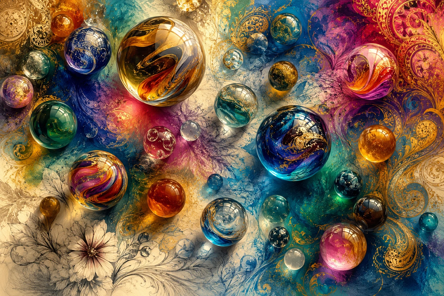 Bunte Glasmurmeln auf einem abstrakten Paisley-Hintergrund
