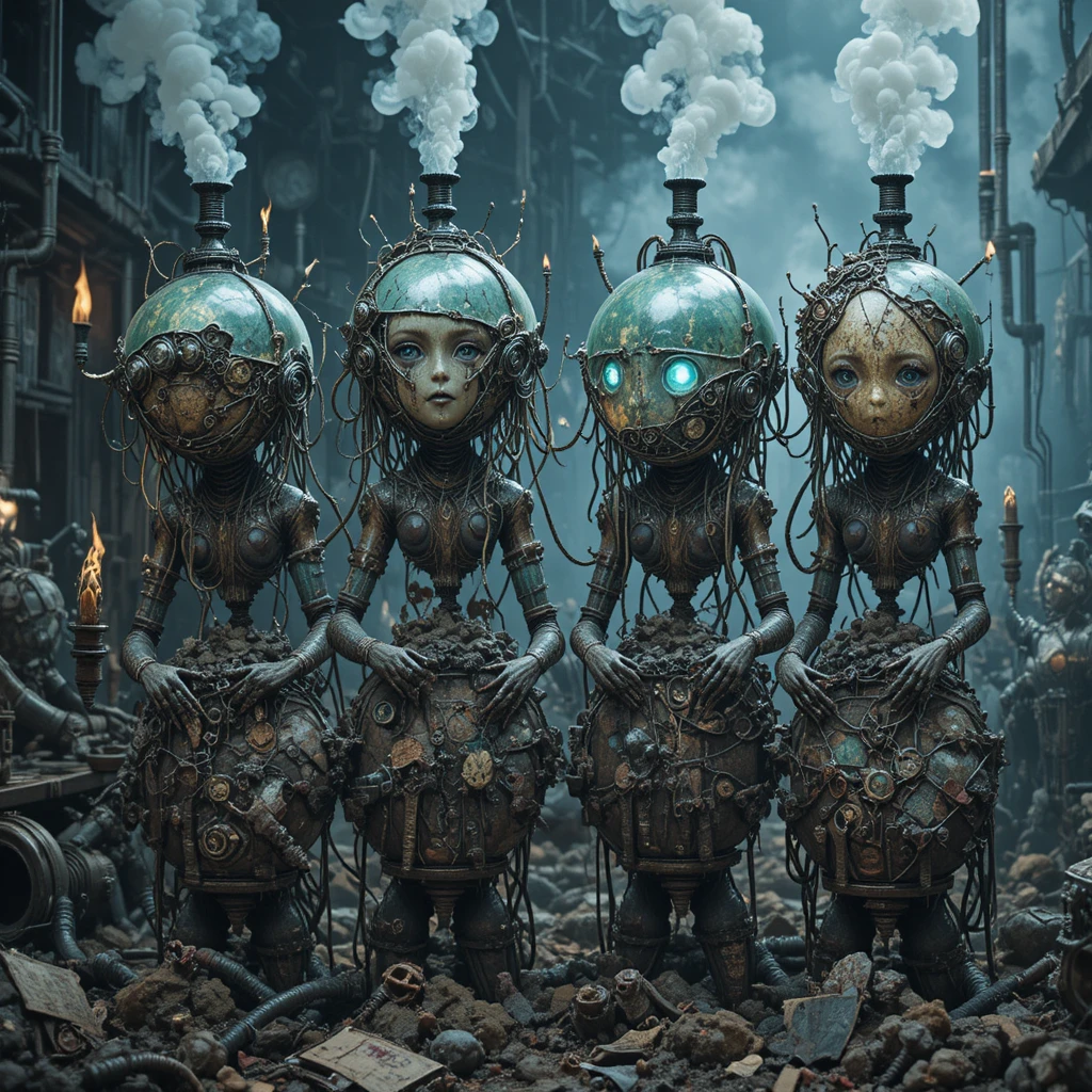 Quartetto surreale di arcane creature oniriche a fuoco nitido