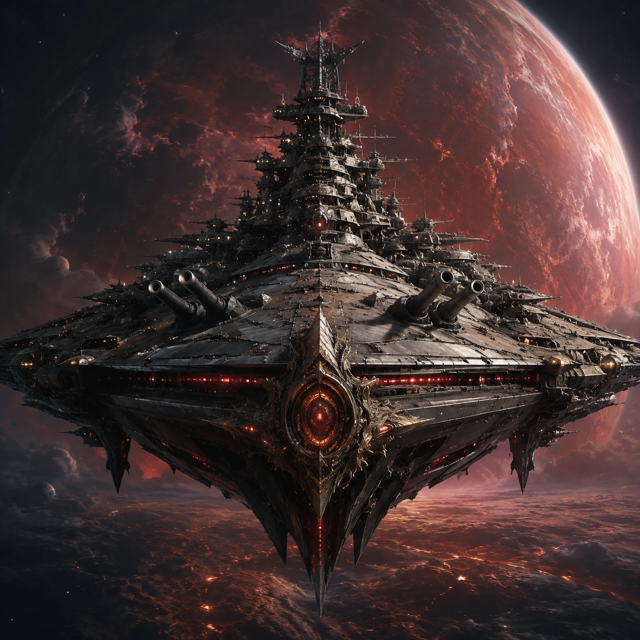 Alien-Kriegsschiff über einem fernen Planeten