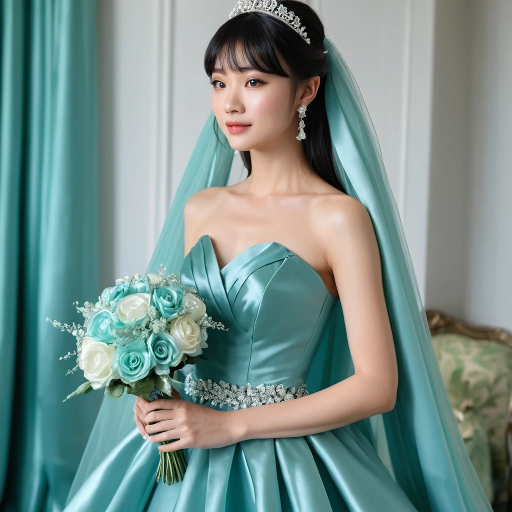 Elegante noiva japonesa em vestido de casamento de cetim turquesa