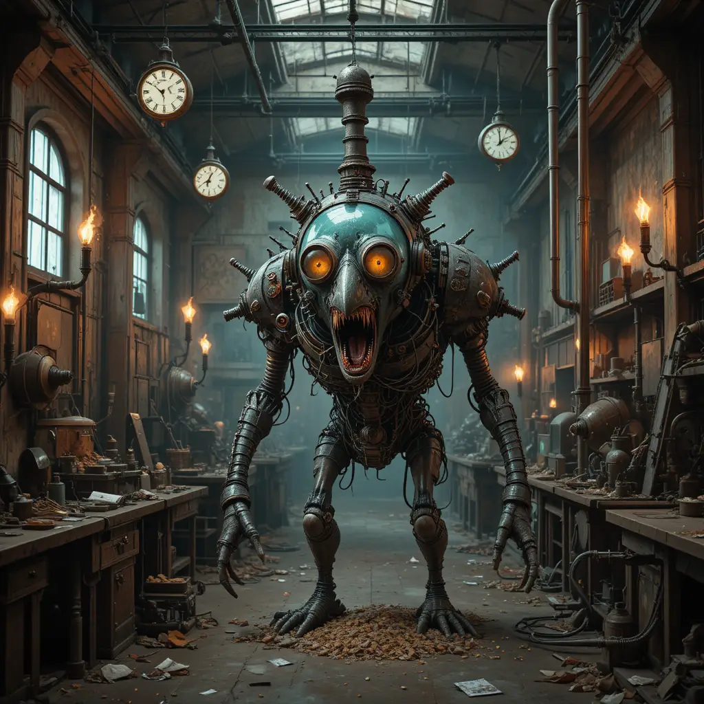 Surreal terror machine creature in an abandoned slaughterhouse