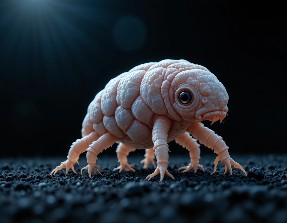 Render 3D macro di un tardigrado su sfondo nero