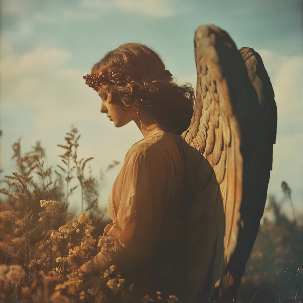Anjo não convencional em tons terrosos suaves com granulação de filme