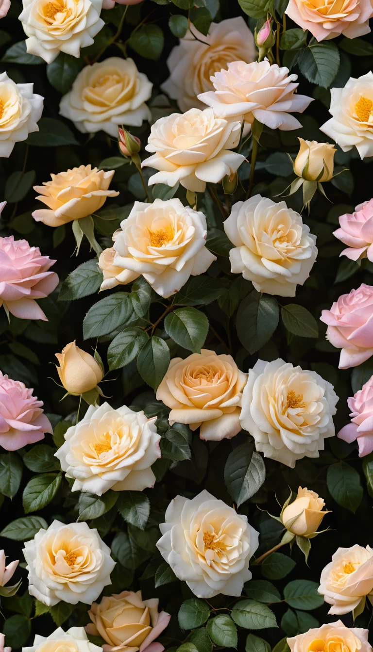 Jardim de rosas ao sol com cachos de flores multicoloridas