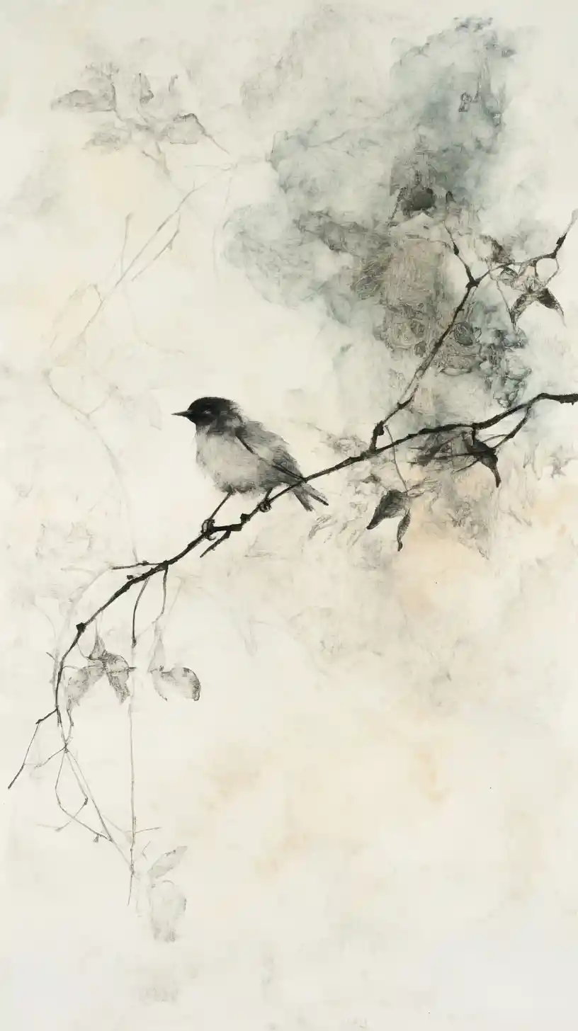 Minimalist abstract bird resting among expressive ink branches