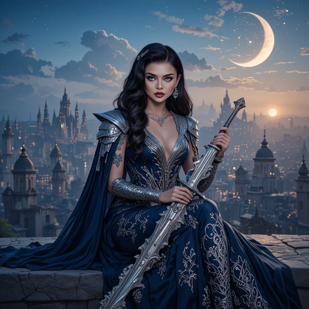 Guerreira fantástica sobre cidade celestial ao crepúsculo