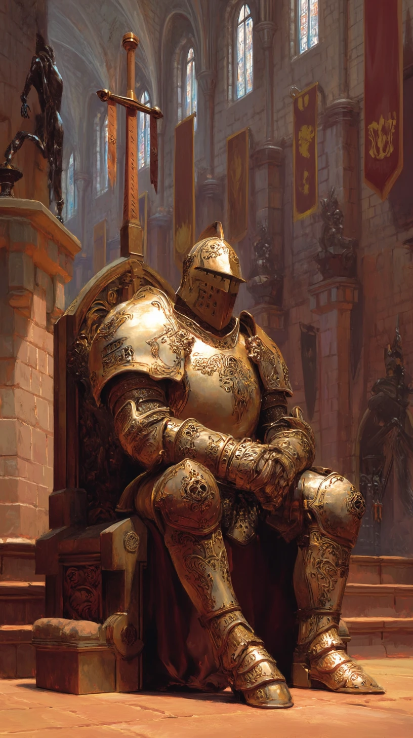 Goldener gepanzerter Ritter auf einem gewaltigen steinernen Thron