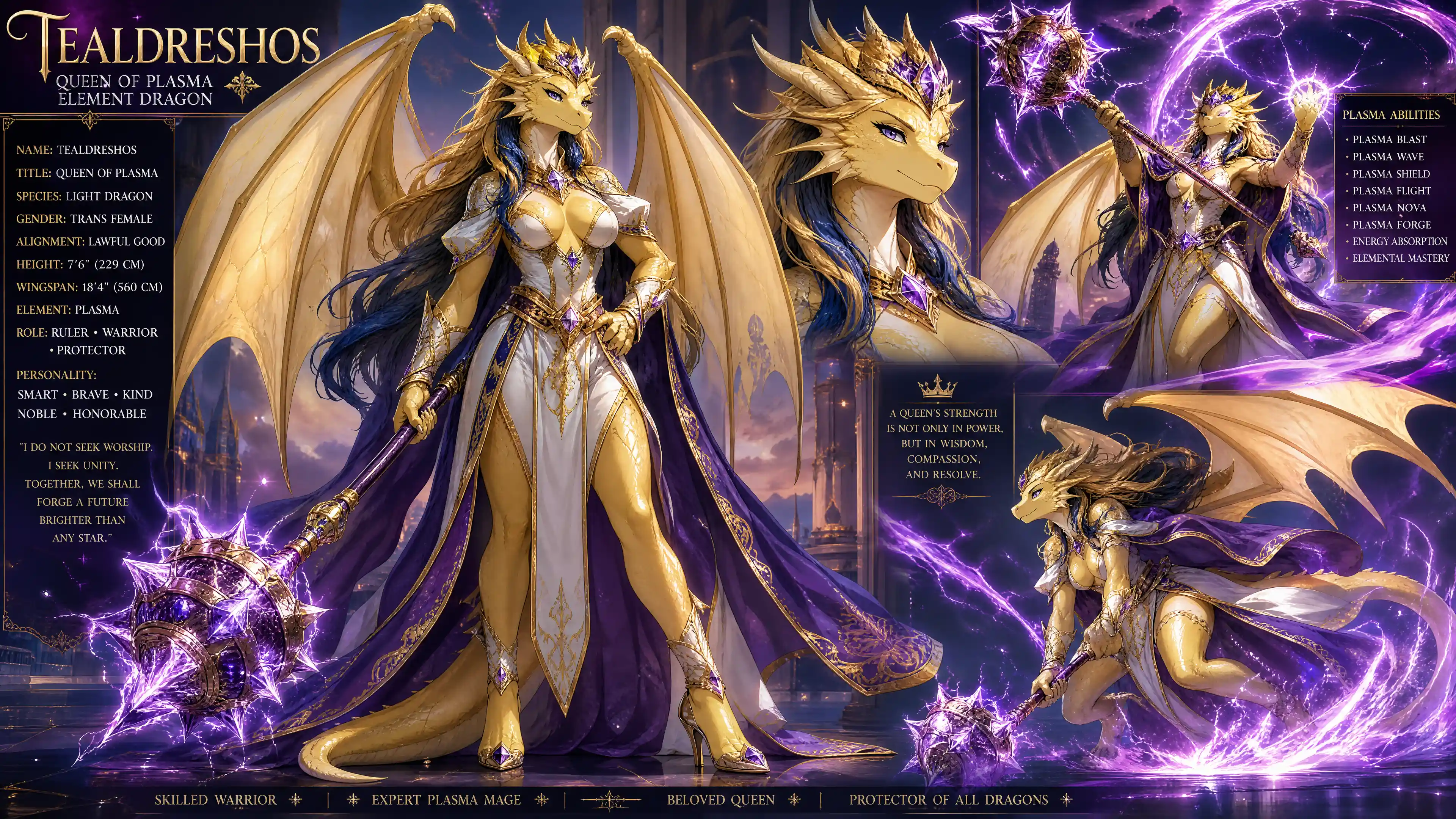 王家の装束をまとう翼のあるドラゴン女王とプラズマメイス