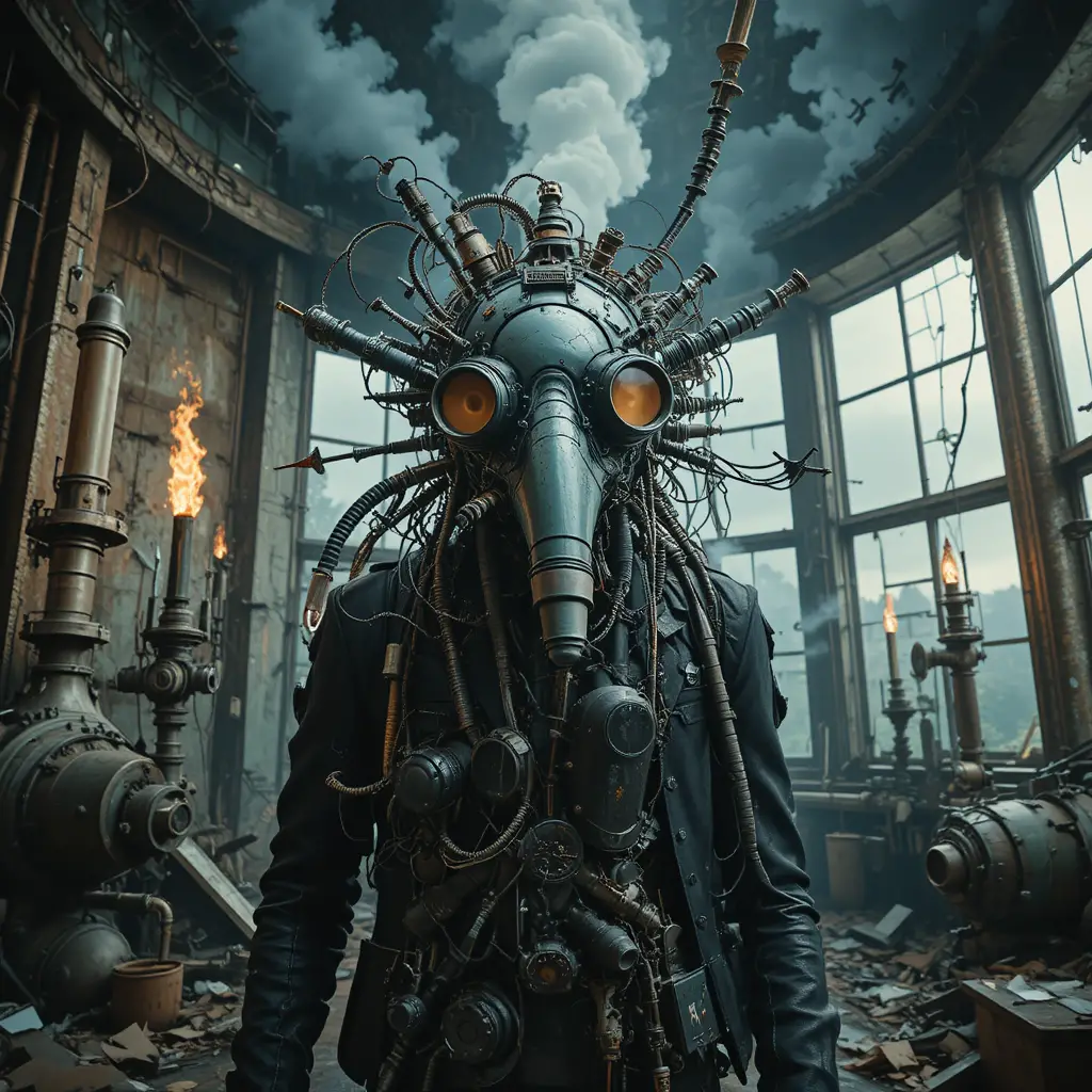 Surreal glass crow headed machine creature in water tower