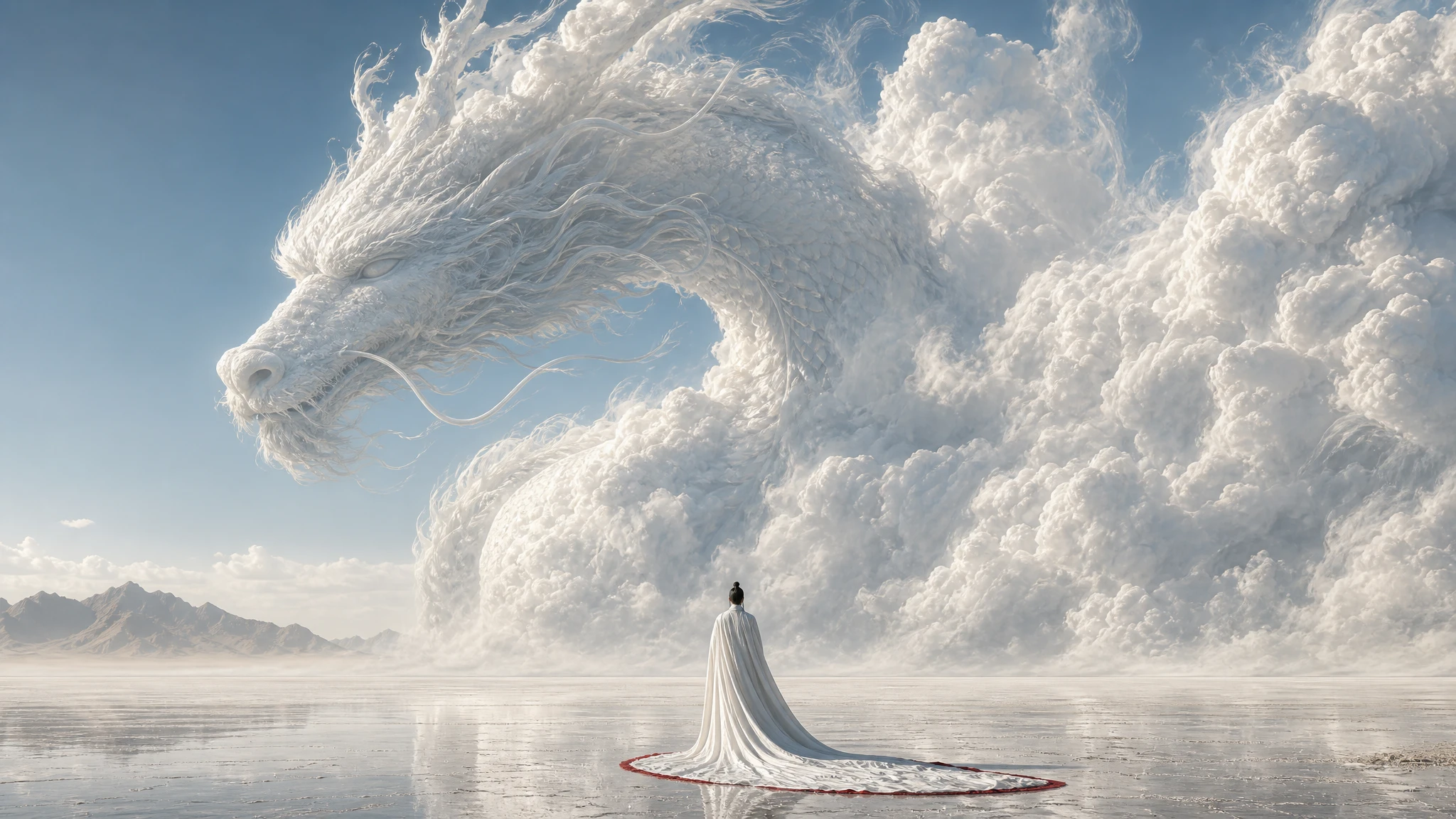 Silhouette solitaire face à un dragon colossal de nuages au‑dessus d’un désert de sel