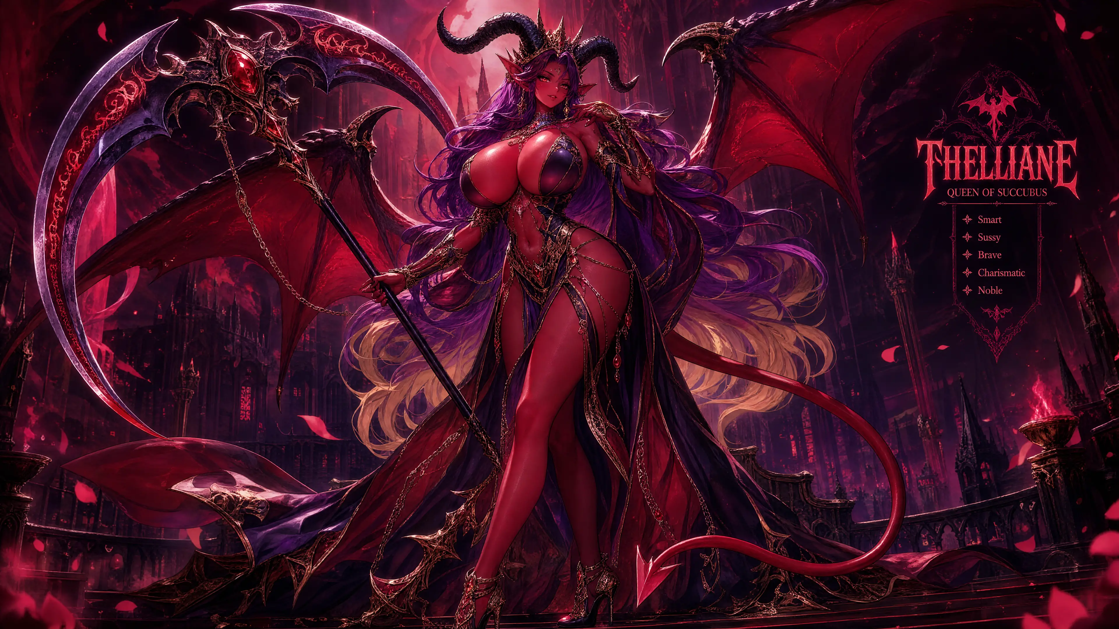 Rainha súcubo demoníaca com chifres, asas e foice