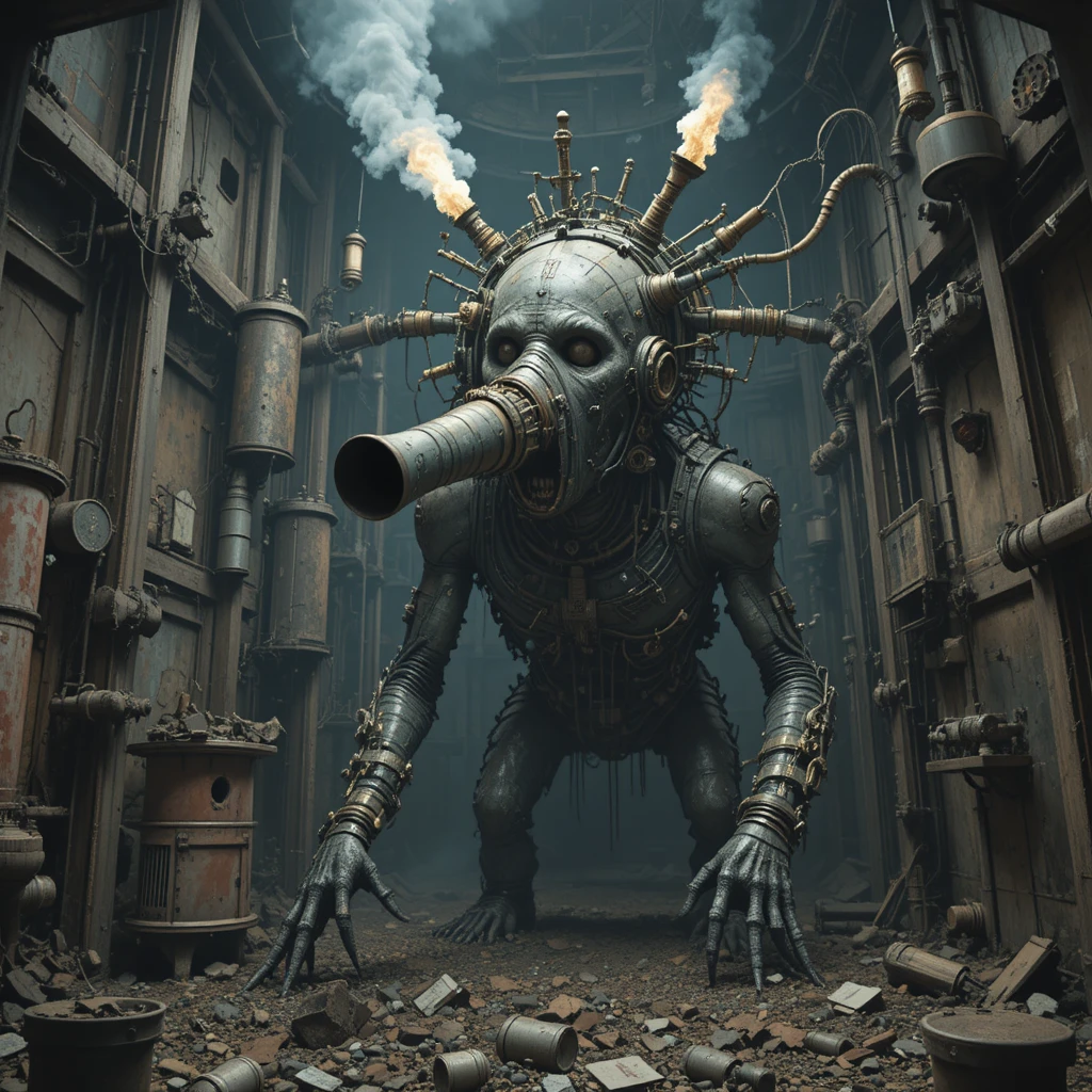 Surreal terror machine monster in an abandoned water tower