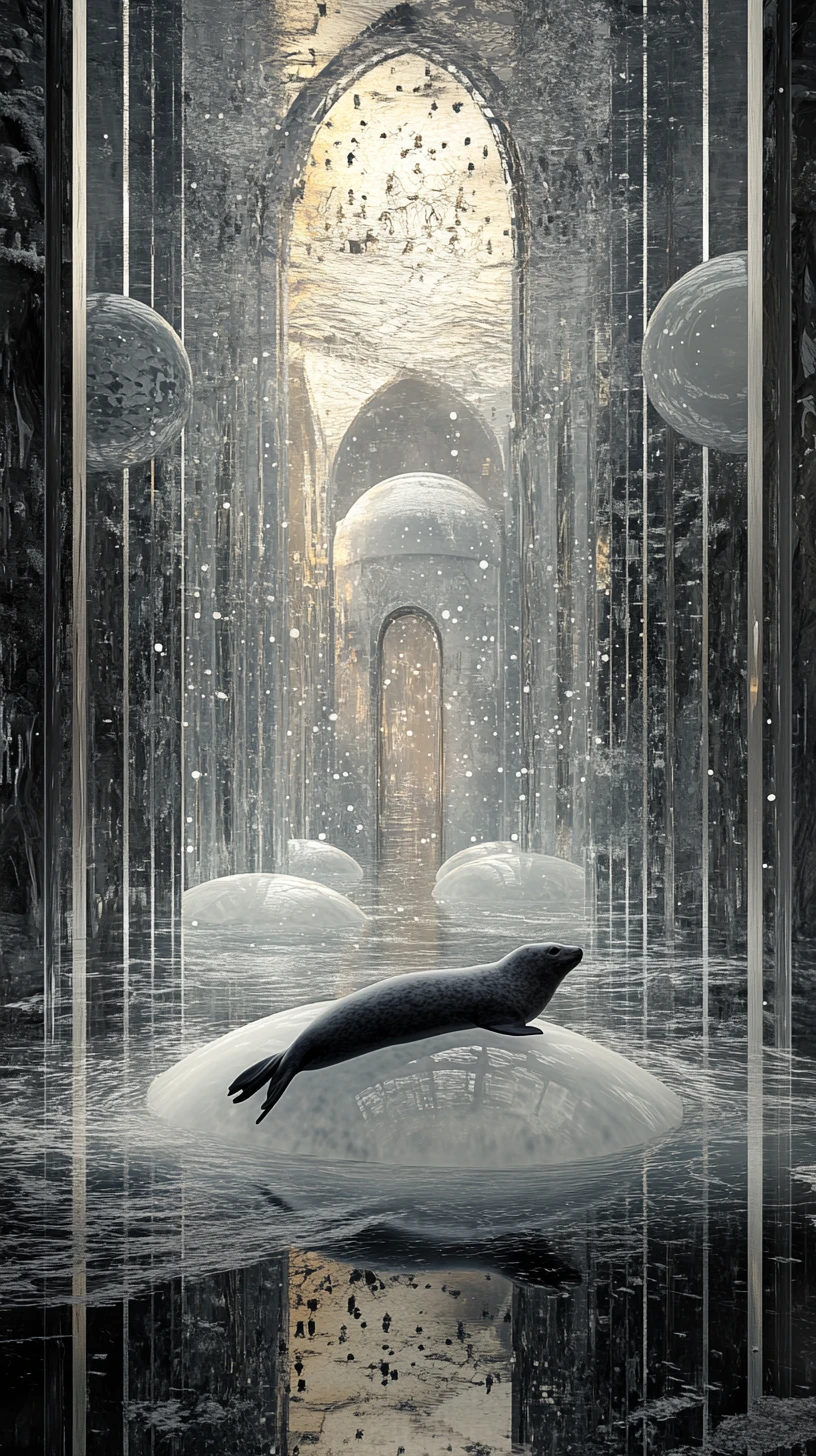 Foca Descansando em Iceberg Flutuante em Catedral Espelhada