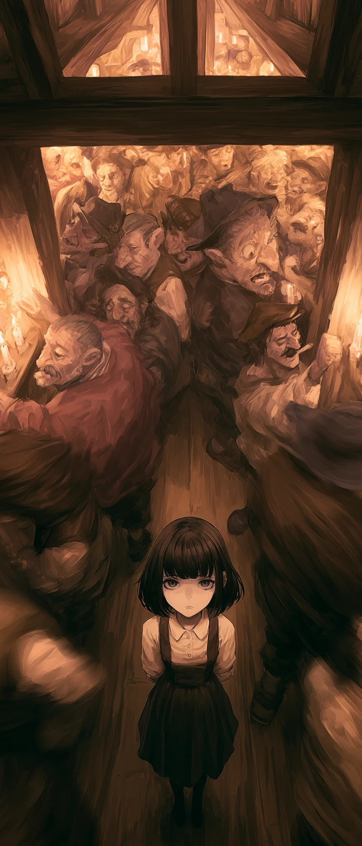 Ragazza anime triste tra ballerini rumorosi in una taverna alla luce delle candele