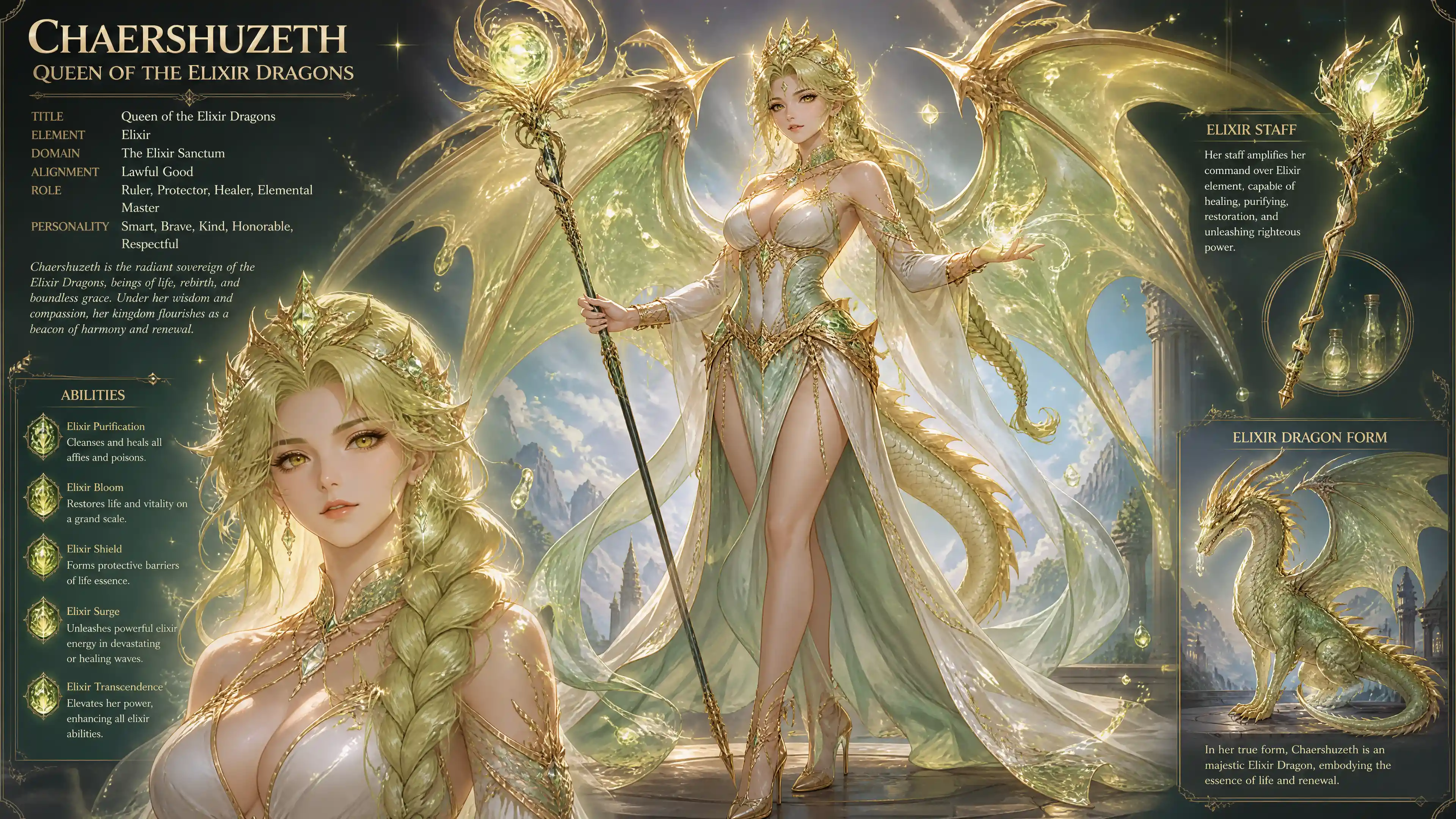 穿著奇幻禮裝、擁有翅膀與權杖的靈藥龍之女王