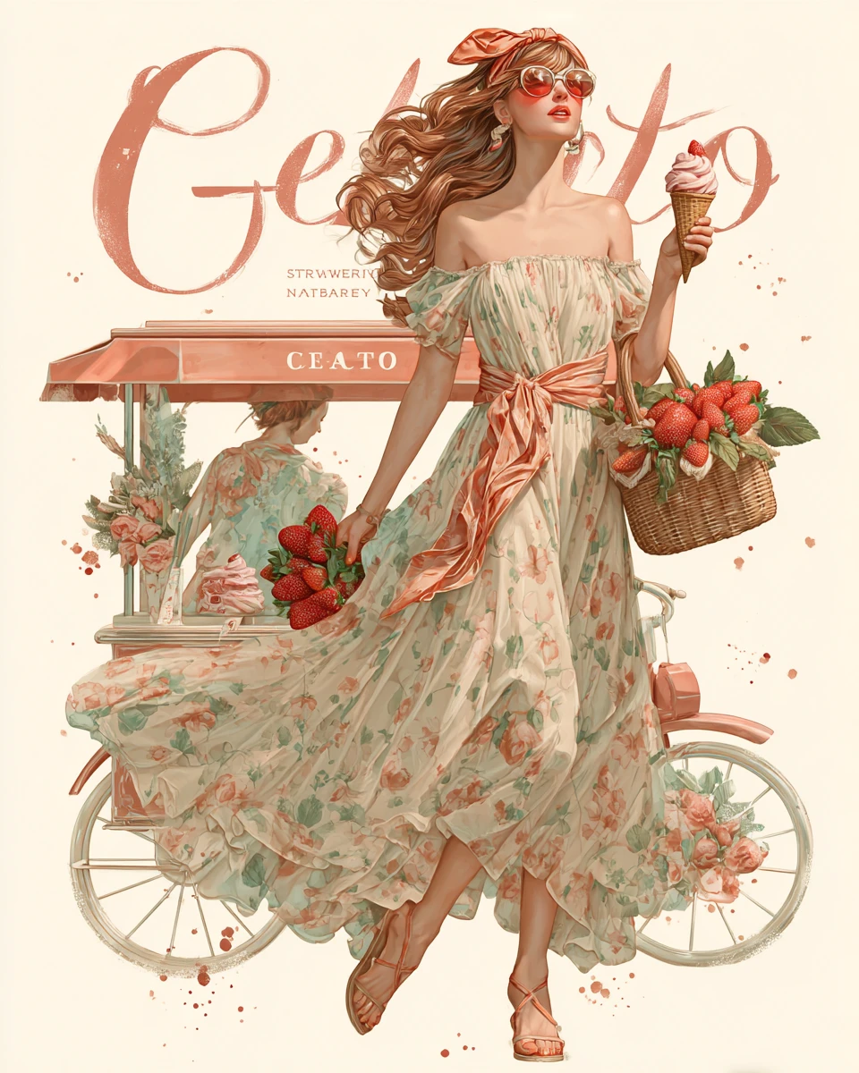Garota de vestido de morango com gelato e cabelo esvoaçante