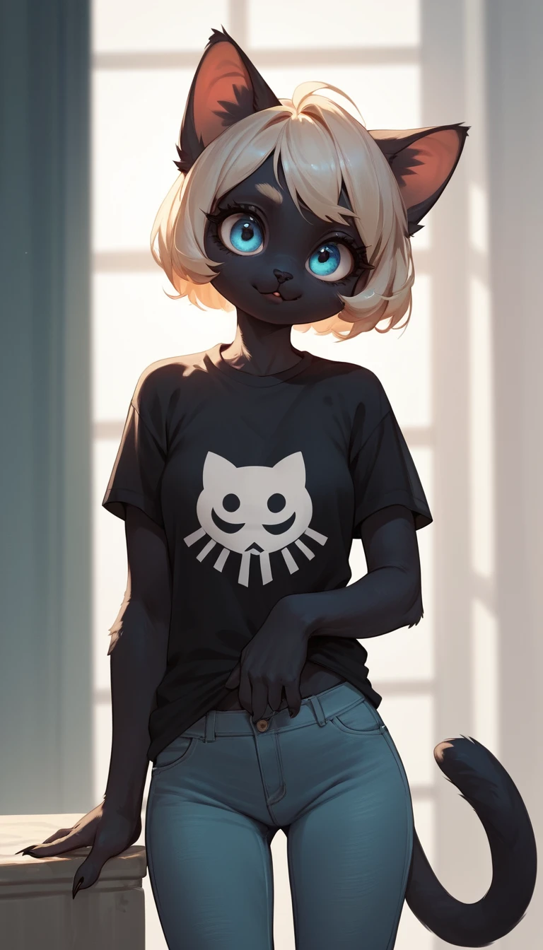 Linda gata negra antropomórfica con ojos grandes y ropa casual