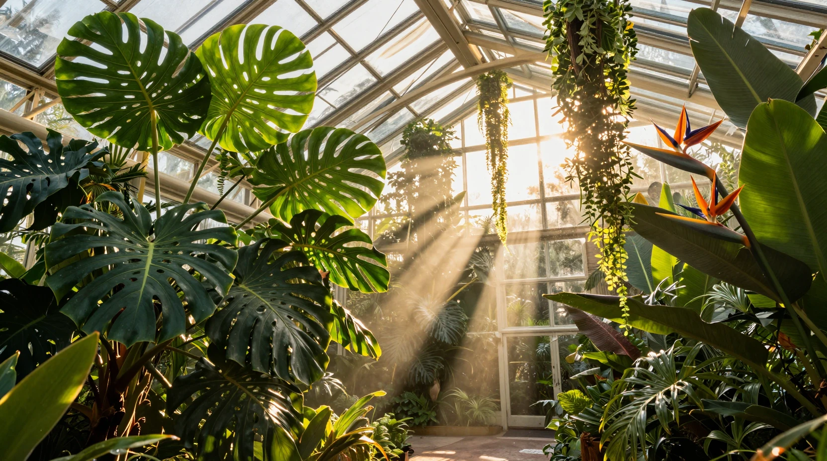 Invernadero tropical bañado por el sol lleno de exuberantes plantas de jungla