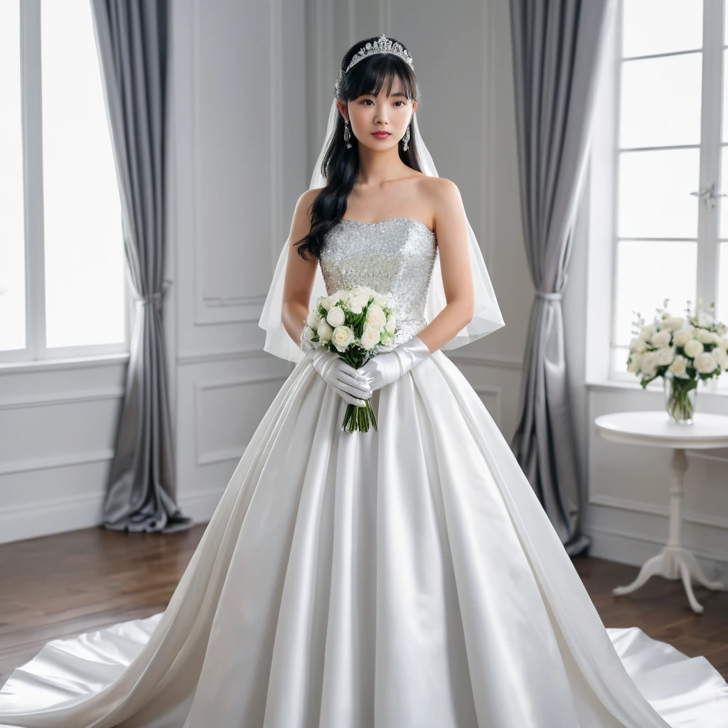 Noiva japonesa elegante em vestido de noiva de cetim branco