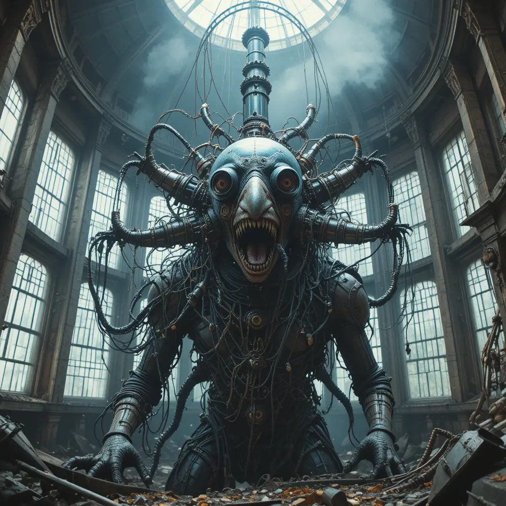 Surreal industrial terror creature in an abandoned water tower