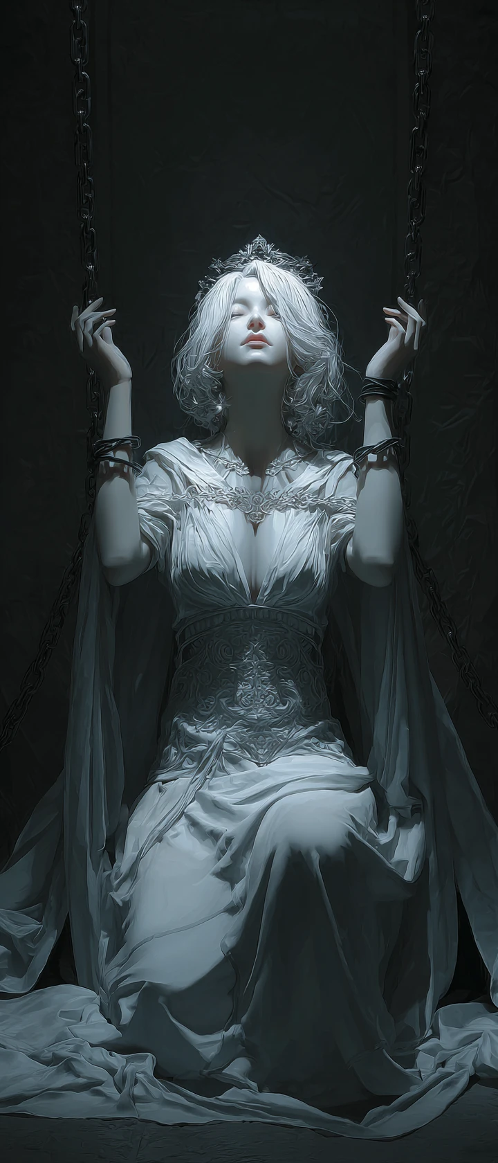 Royal maiden chained in a dark dungeon with glowing hair