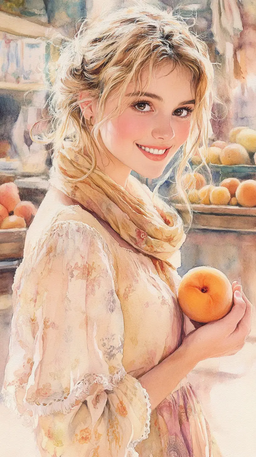 Lächelndes blondes Mädchen mit Aprikose in Aquarell‑Ladenszene