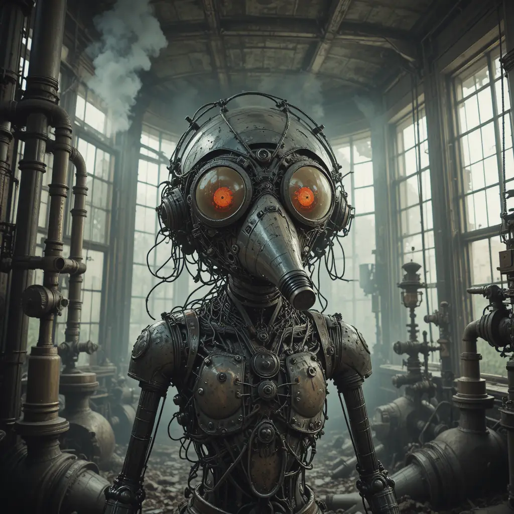 Surreal mechanical creature screaming inside an abandoned water tower
