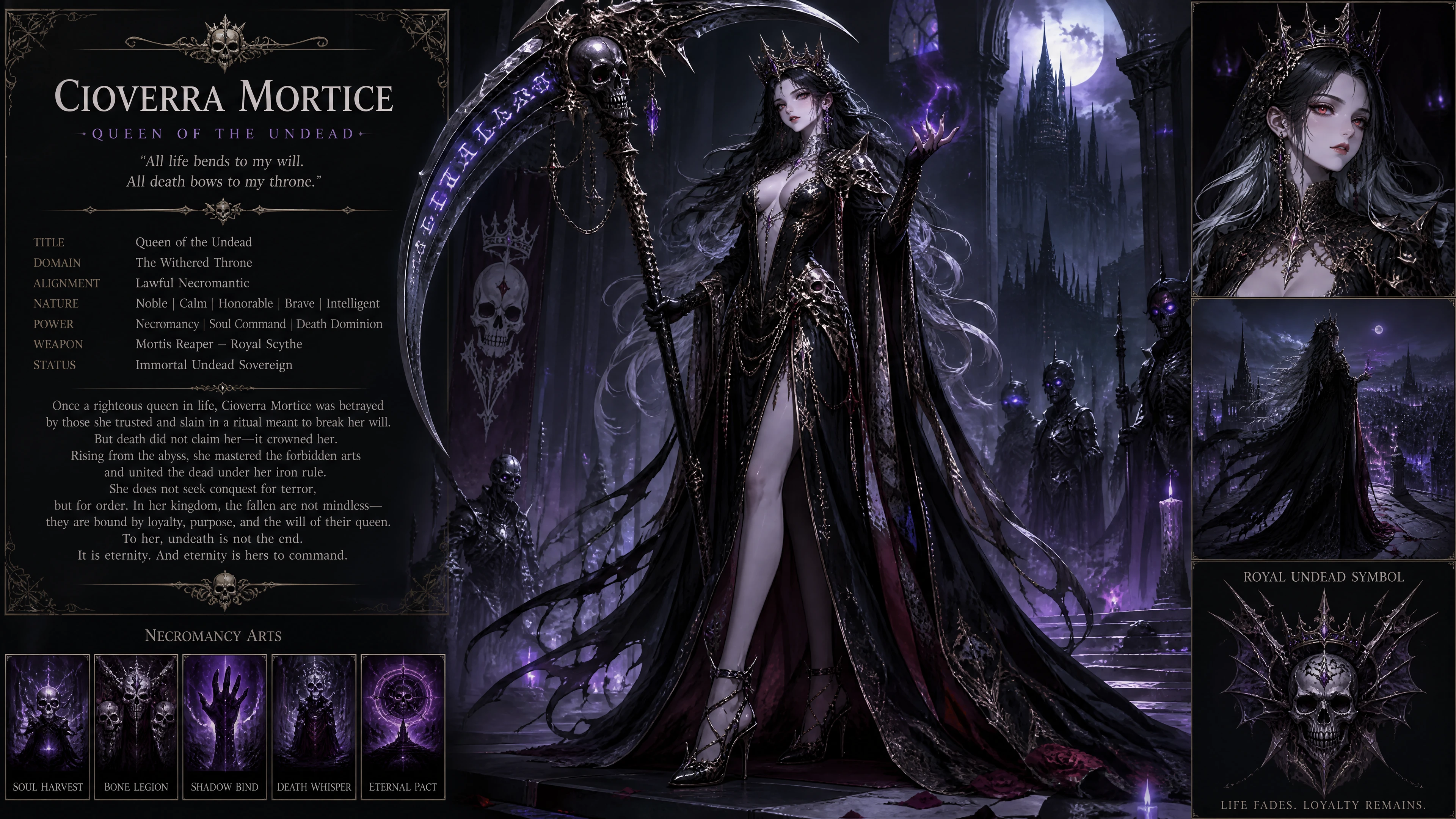 Undead queen with scythe and glowing necromancy magic