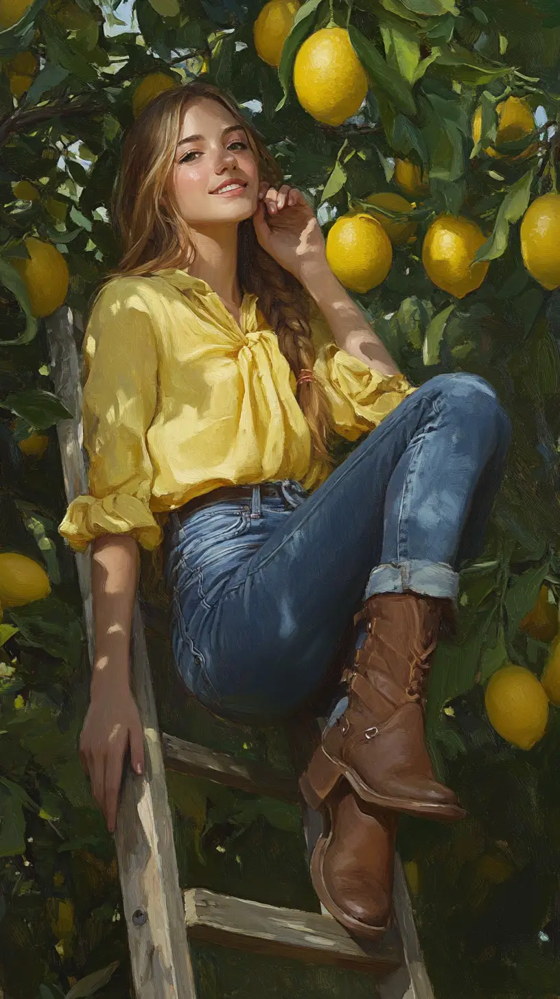 Smiling girl picking lemons from a sunlit tree