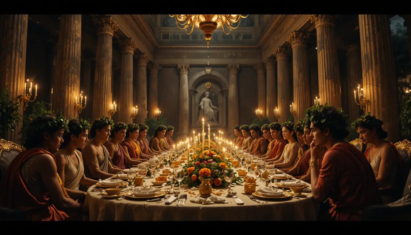Suntuosos nobles romanos festinando en un dramático banquete nocturno