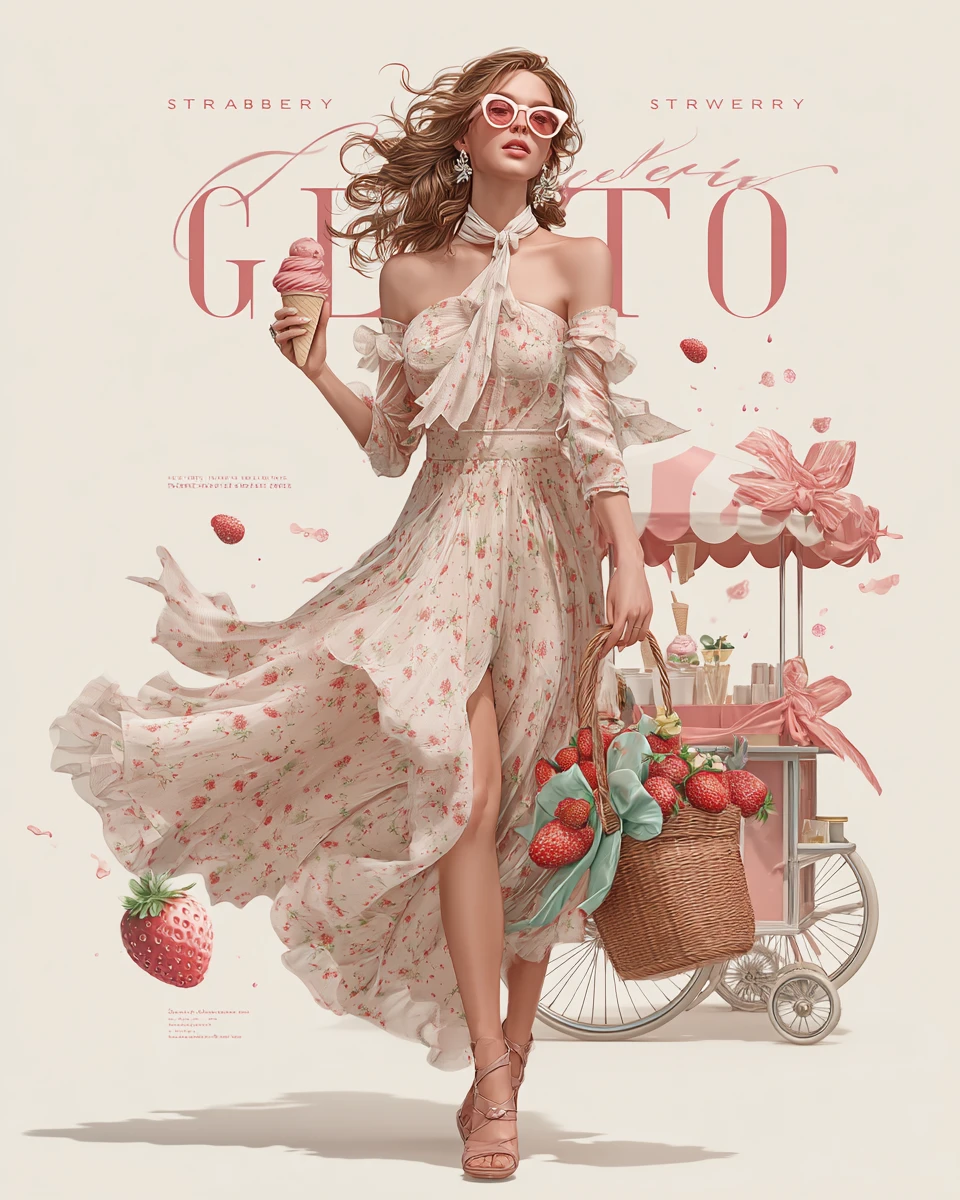 Fille en robe à fraises avec glace et chariot vintage