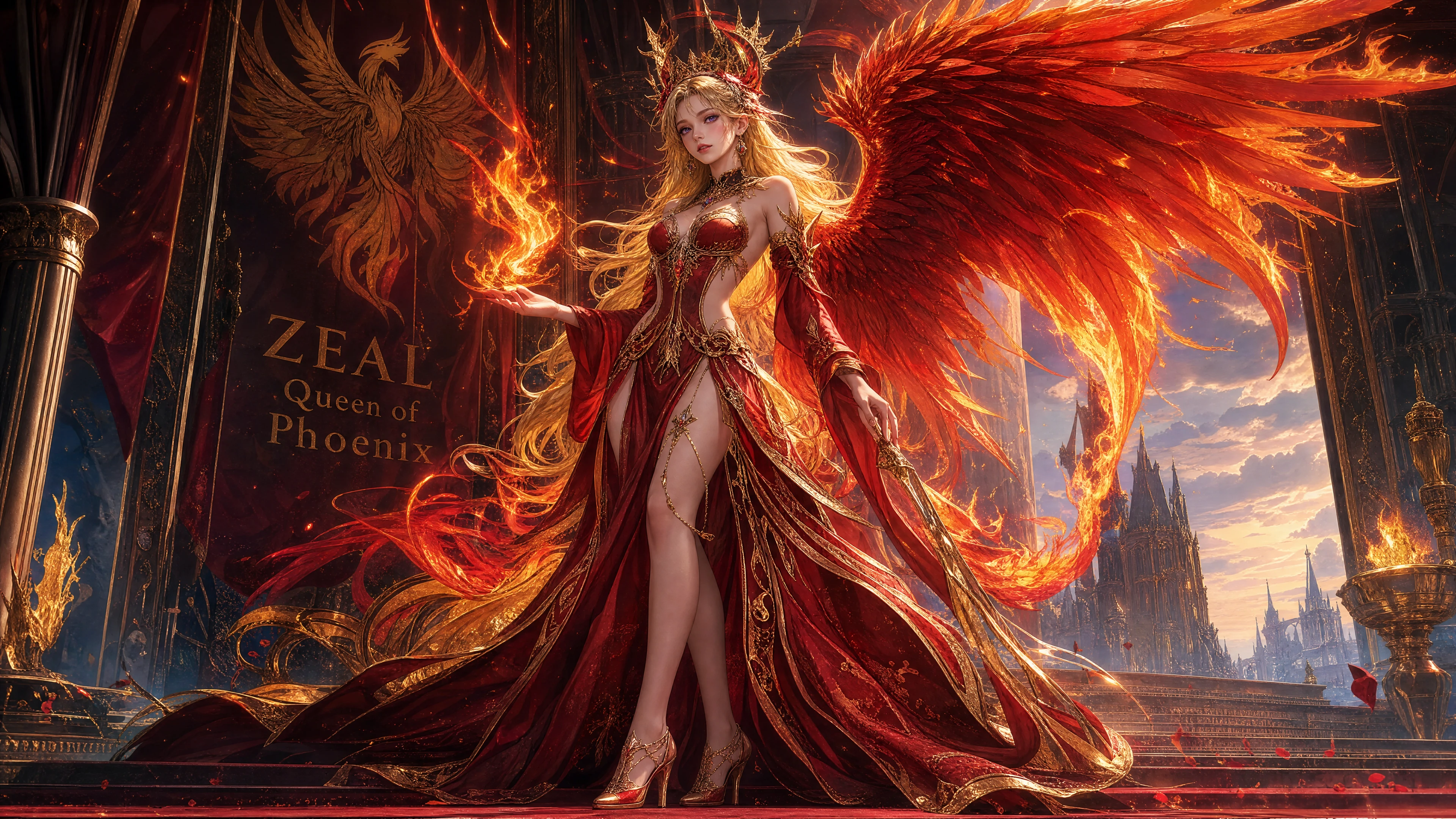 Reine phénix royale aux ailes rouges flamboyantes et à la couronne