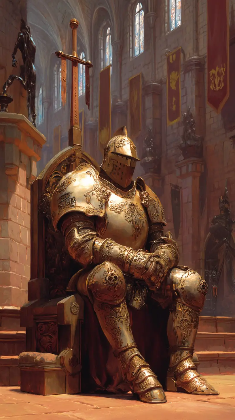 Goldener gepanzerter Ritter auf einem gewaltigen steinernen Thron
