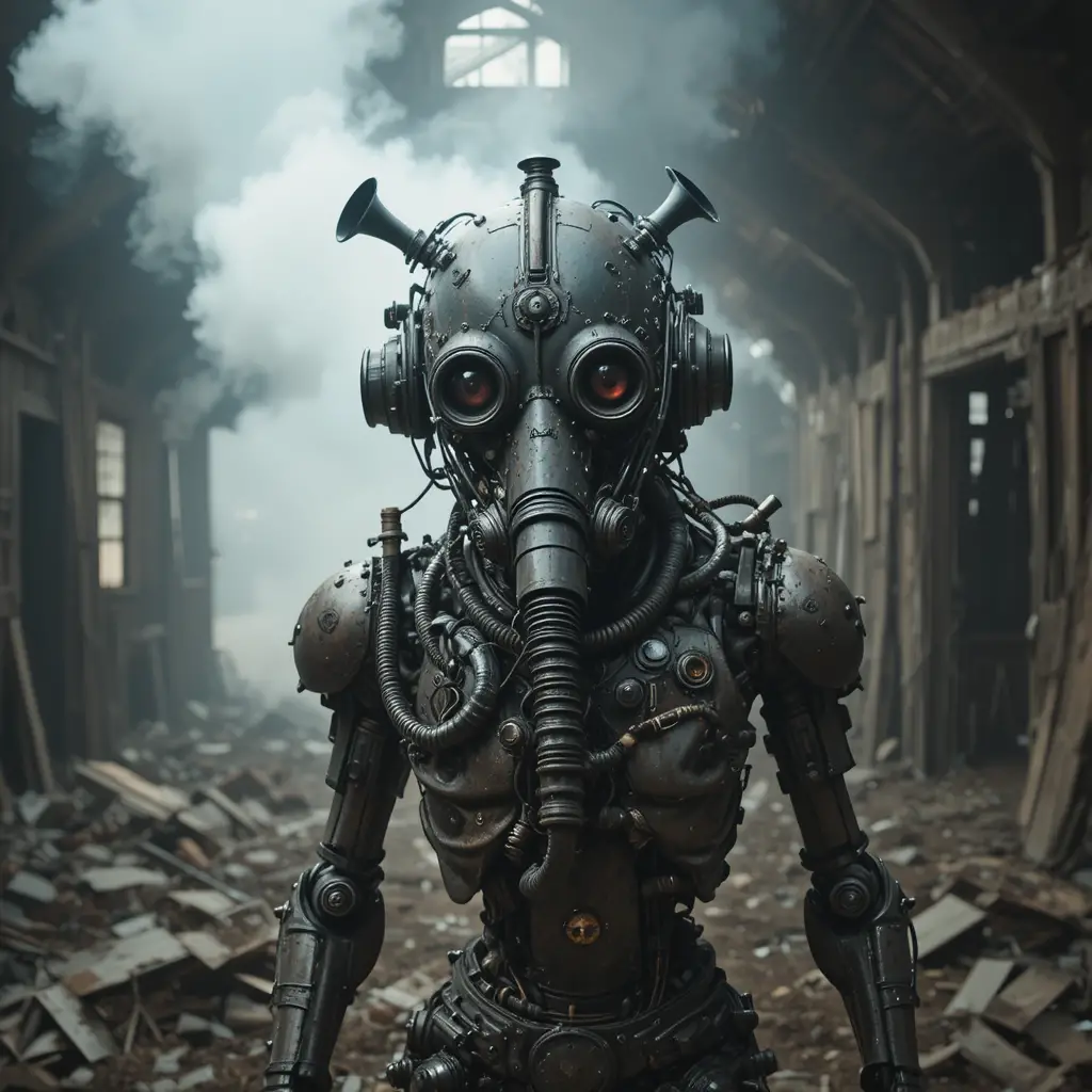 Surreal mechanical creature gawking inside an abandoned barn