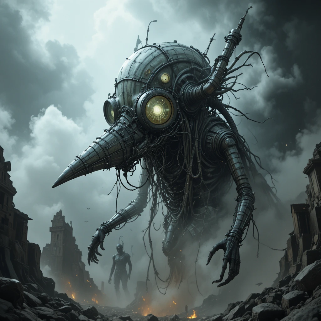 Monstro surreal de vidro com cabeça de corvo fitando o inferno