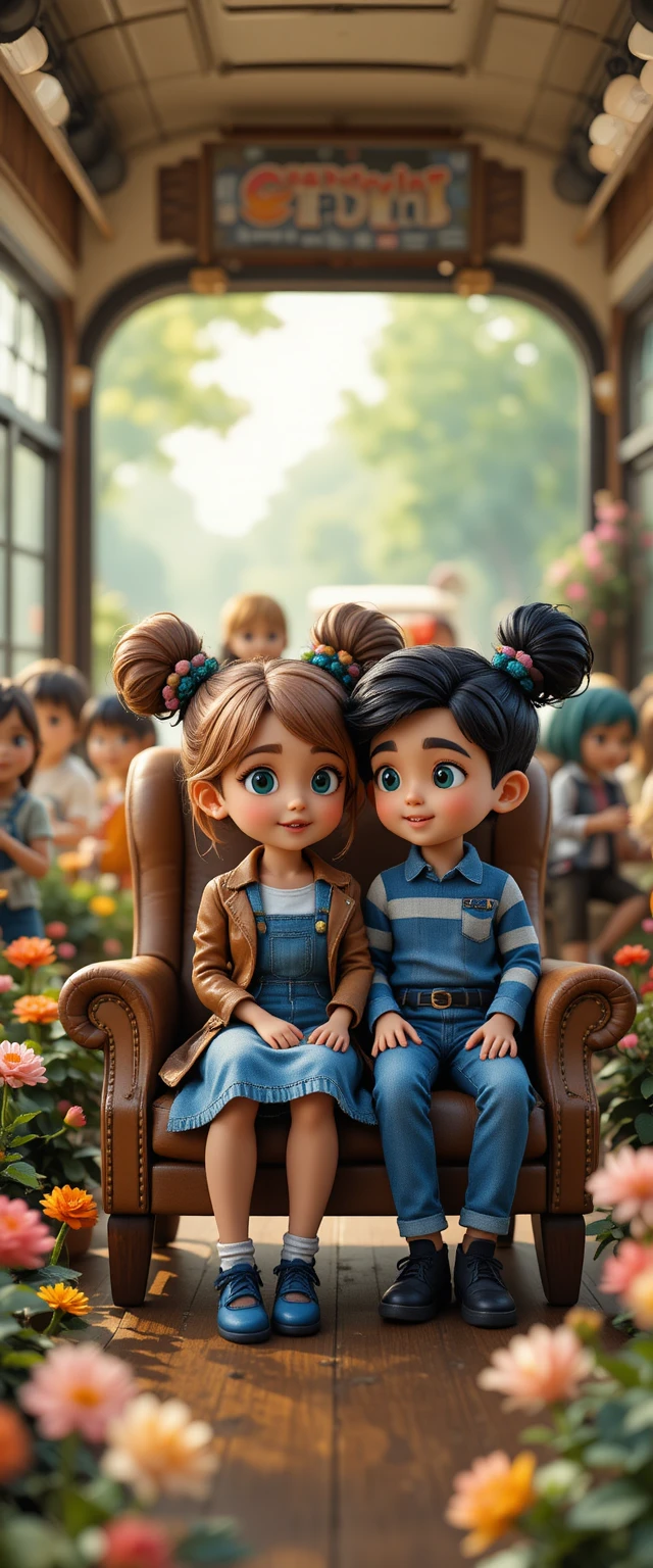 Chibi-Mädchen mit Doppeldutt posiert in einem hellen Studio