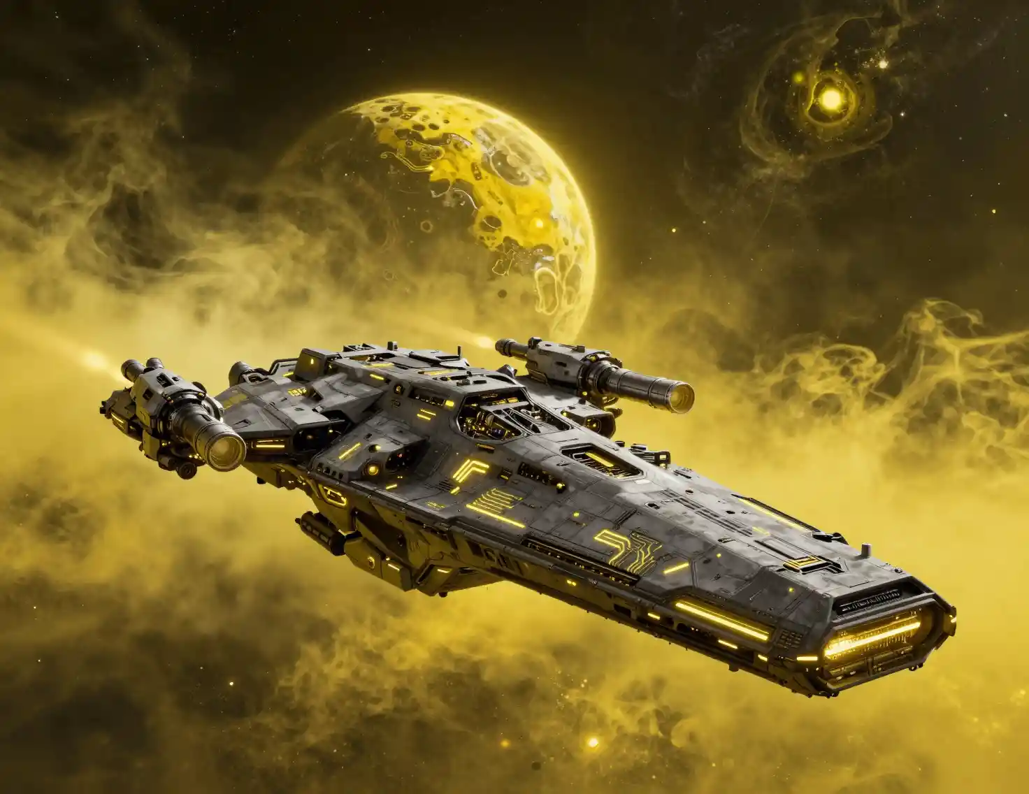 Gigantesca nave de batalha sci‑fi de frente no espaço profundo