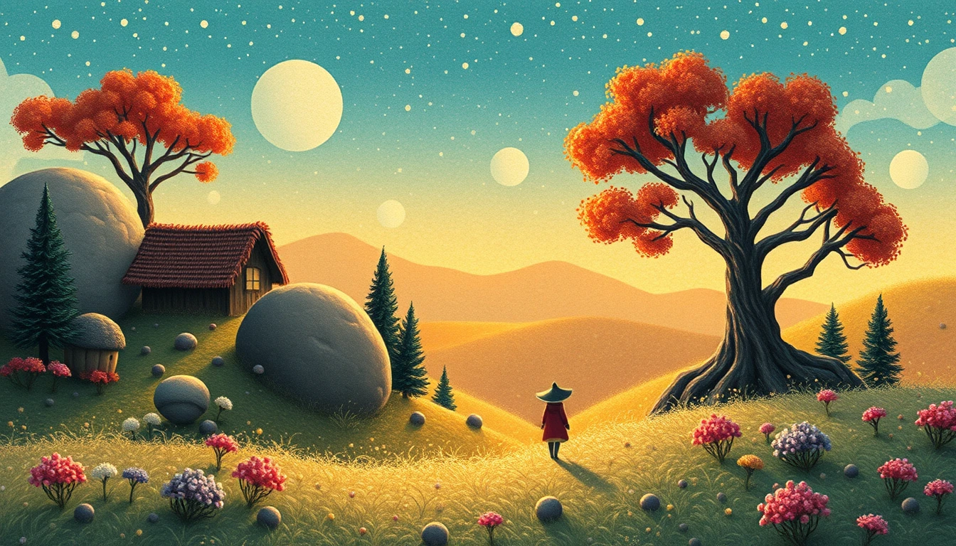 Verspielte Figuren in einer farbenfrohen, digitalen Miniaturillustration